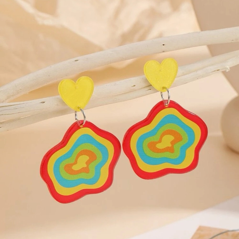 🧡 Awesome Large Abstract Large Bright Tropical Colorful Heart Stud Earrings 💛